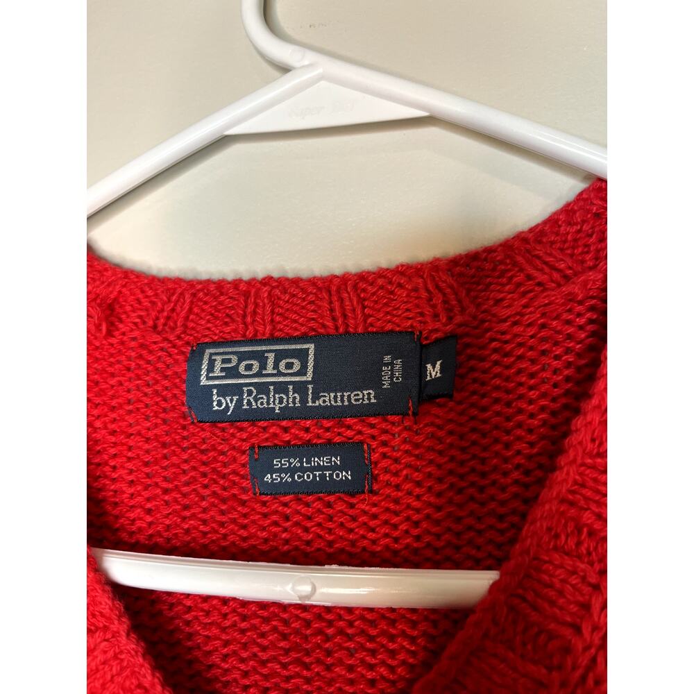 1990s Polo Ralph Lauren Linen Cotton Red Old Money Yacht Thick Capsule Sweater M - Picture 2 of 3